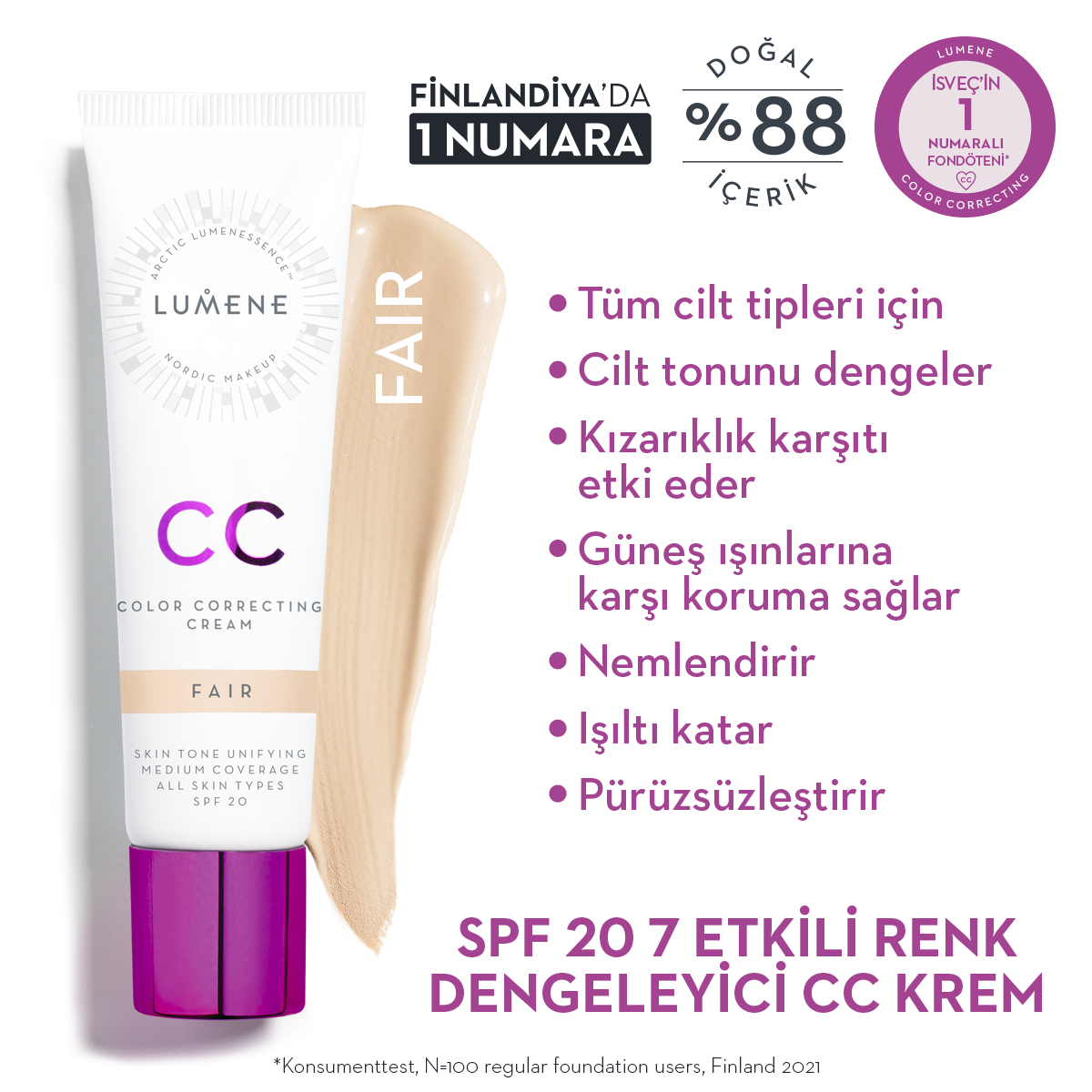 Kapatıcı & Aydınlatıcı SPF20 CC Krem, Açığa Yakın 30 ML -  CC Color Correcting Cream, Shade (Fair)